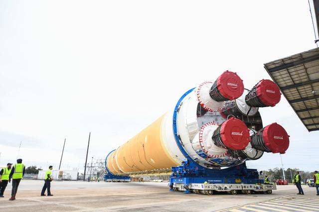 NASA image: NASA Prepares Artemis I SLS Rocket Stage for Move to Pegasus Barge